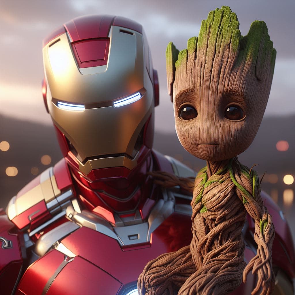AI generated: Baby Groot of Marvel, disfrazado de ironman, masterpiece, 8K, octane render, ray-tracing