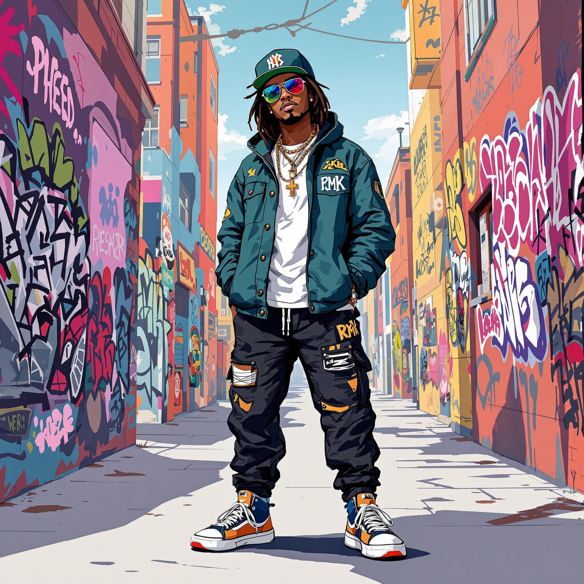AI generated: anime illustration of an african american hip hop graffiti character 
with urban fashion and graffit...