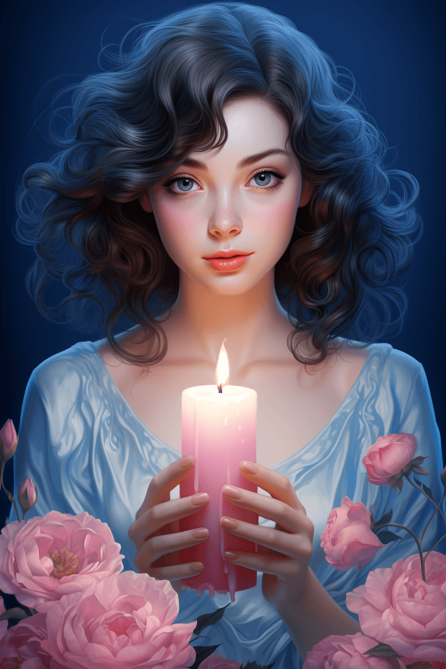 AI generated: A young lady holding a candle in an environment of pink flowers, in the style of artgerm, charming a...