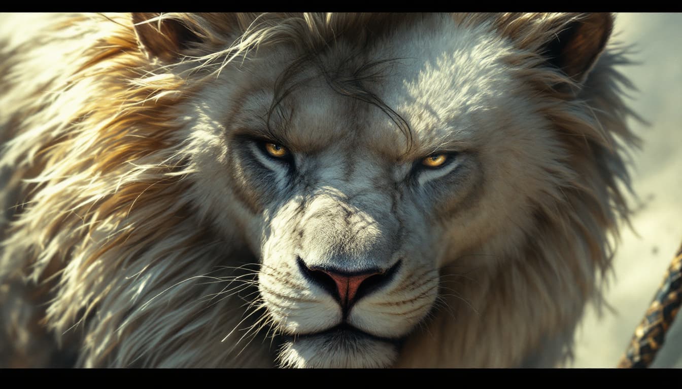AI generated: A hiper-realistic  female warrior holding the head of an enormous white lion on her spear, detailed ...
