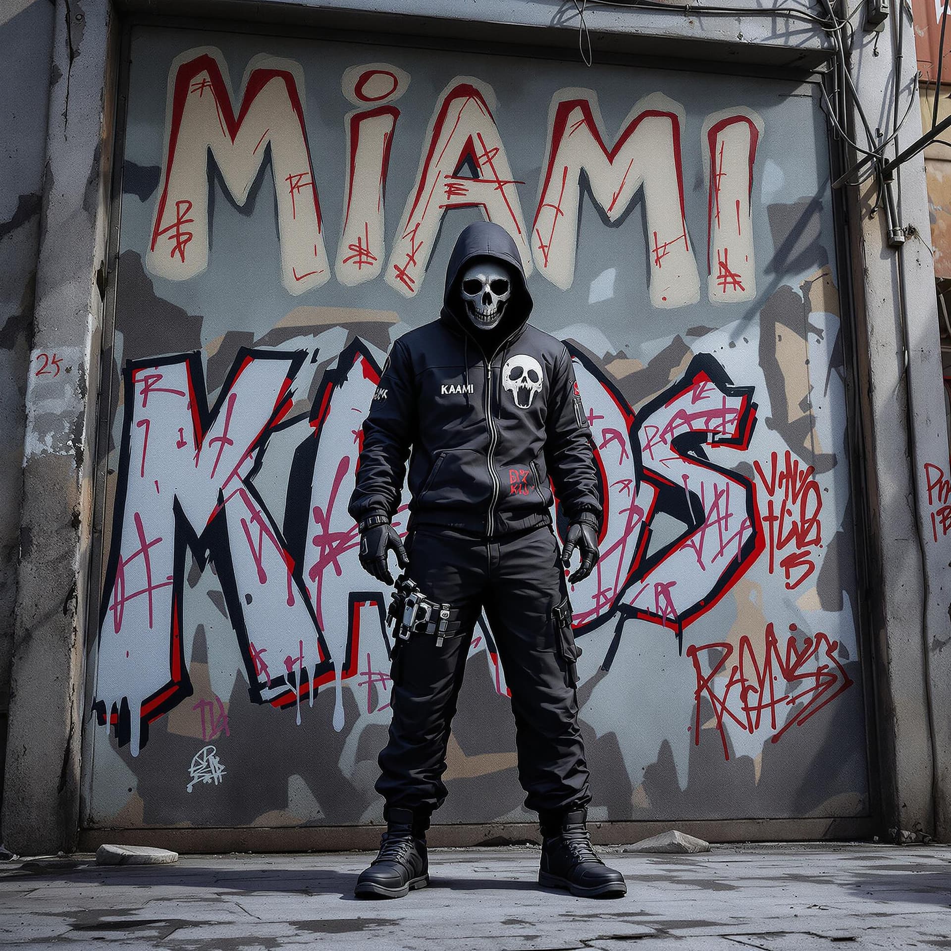 AI generated: full body 3d illustration anime styled graffiti anime character wearing a dark ski mask with a skull...