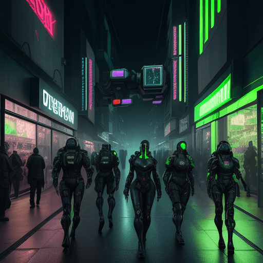 AI generated: Hyper realistic dark futuristic cyberpunk street ,with greens neons above stores, the street has a l...