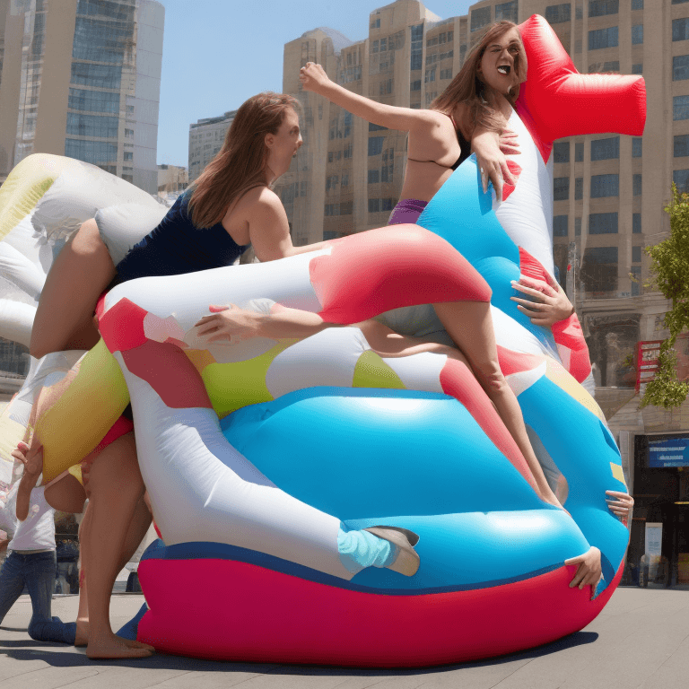 AI generated: woman humping the giant inflatable cushion 