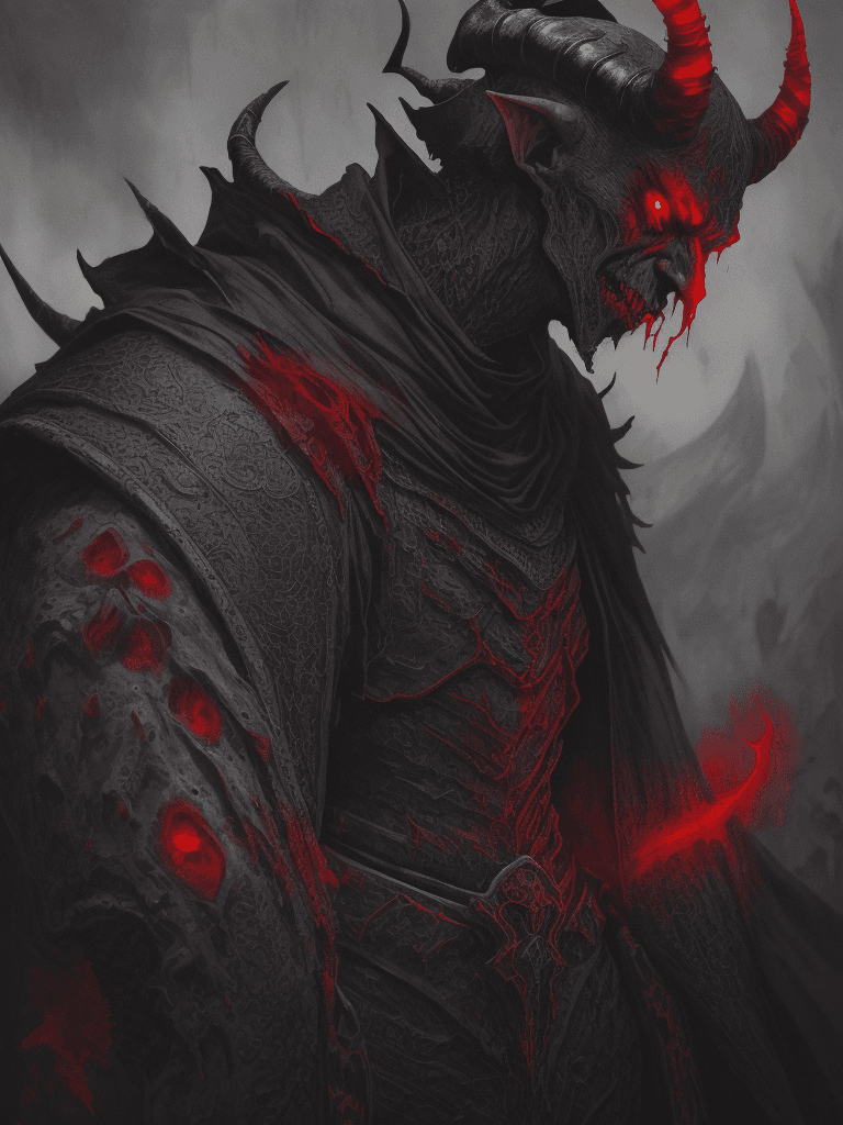 AI generated: medium close up, stunning illustration of a demonic warrior in black medieval armor, nosferatu zodd ...