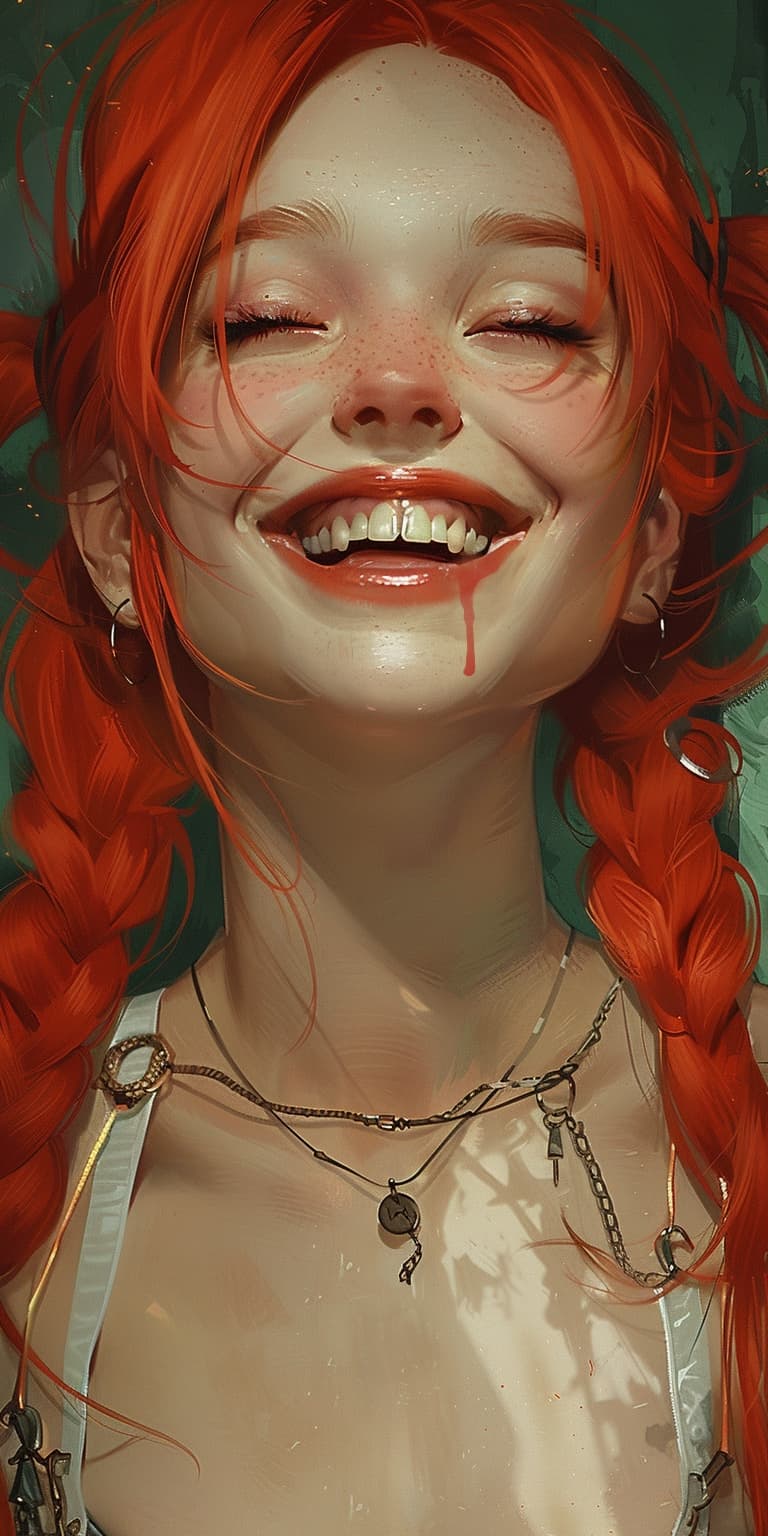 AI generated: A red-haired girl with pigtails smiles and shows her teeth, in the style of a Disney-style cartoon d...