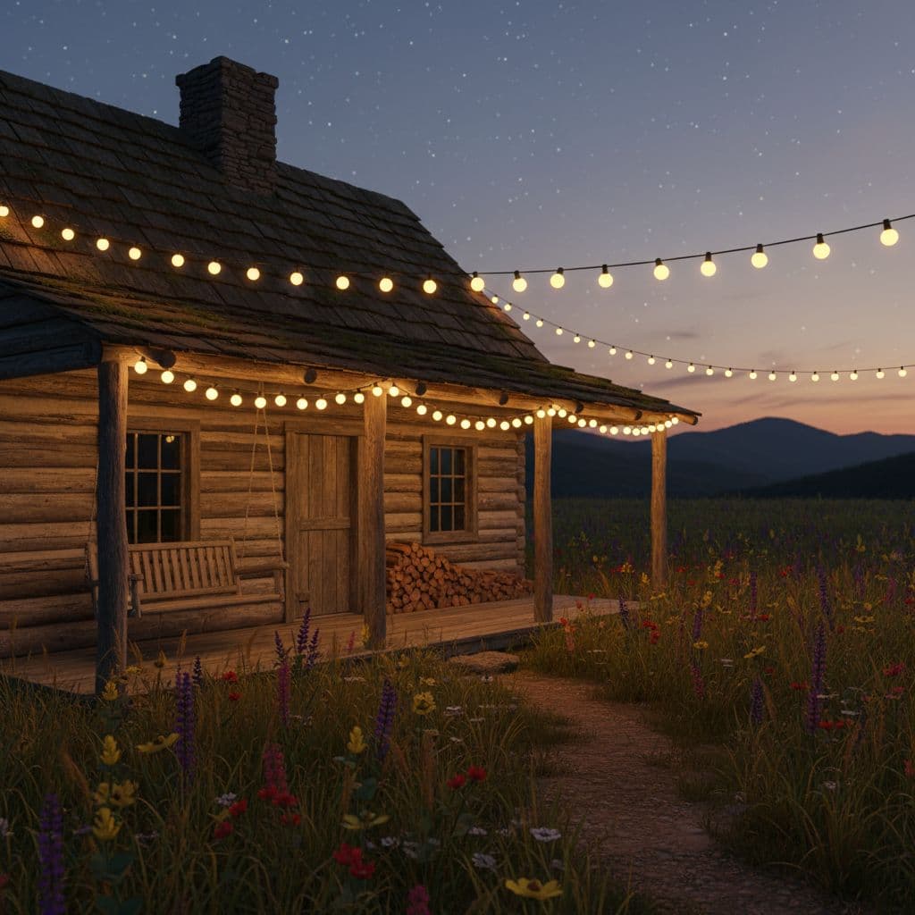 AI generated: “3D photorealistic fairy lights strung across a rustic cabin in a meadow.”