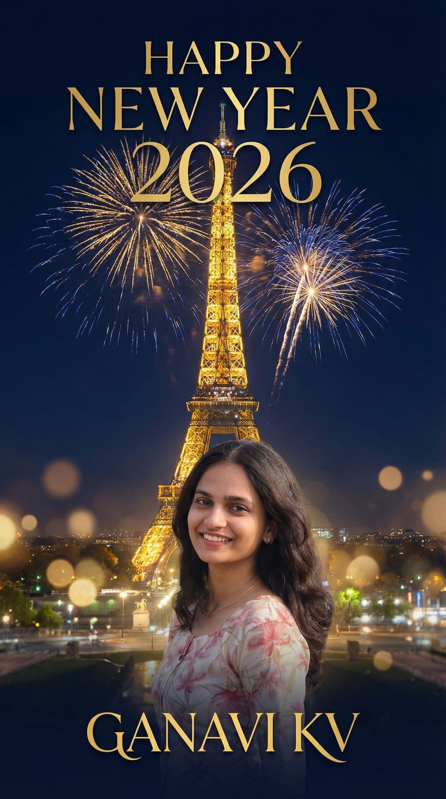 AI generated: Design a vertical New Year 2026 greeting card set in Paris at night, featuring the glowing, shimmeri...