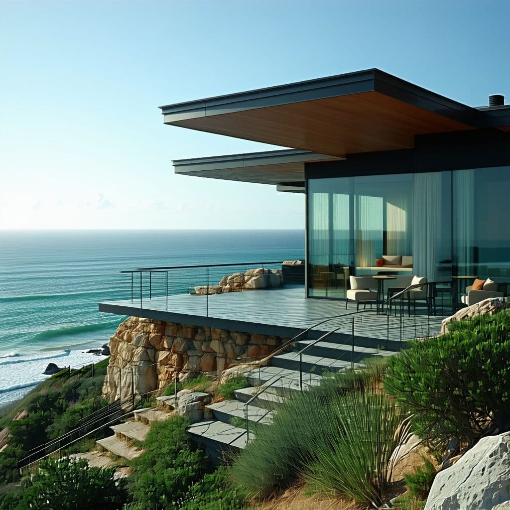 AI generated: Hyper realistic eye level exterior photo of a mid century modern style house overlooking the ocean, ...