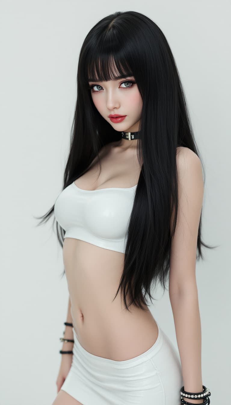 AI generated: SFW, Blowout Long Dark Hair, perfecct face, Skinny body, abs, detailled face, white latex, form-fitt...