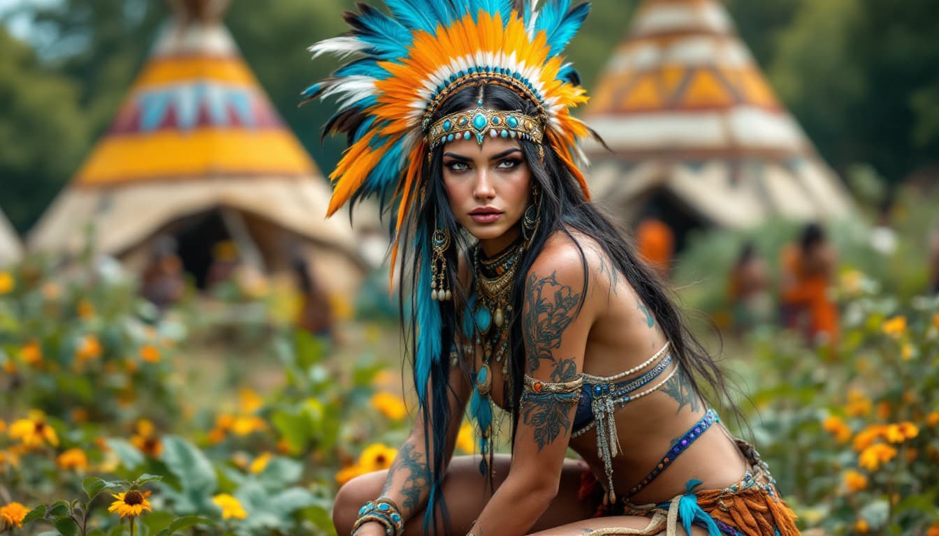 AI generated: A realistic, full body view of a gorgeous, Native American female that is around 25 years old. Her h...