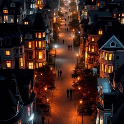 AI generated video: An eagle eye view of a Victorian town with a cobblestone street stretching infinitely into the night...