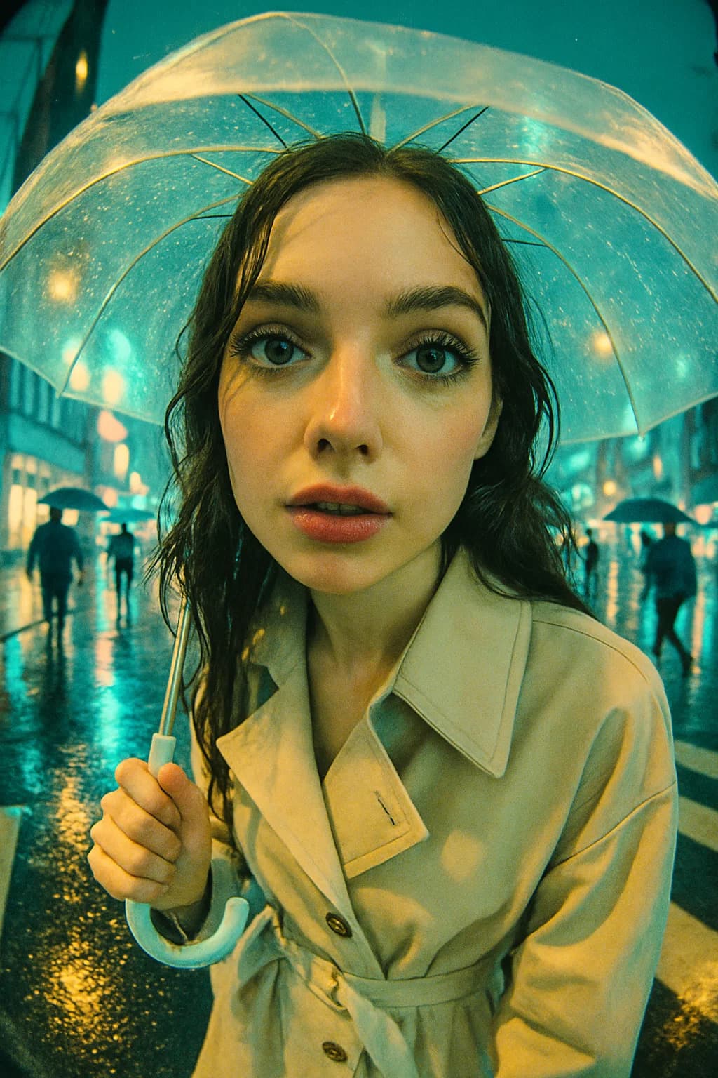 AI generated: A stylish young Caucasian ultra cutest woman in a modern pastel trench coat, crossing a rain-slicked...