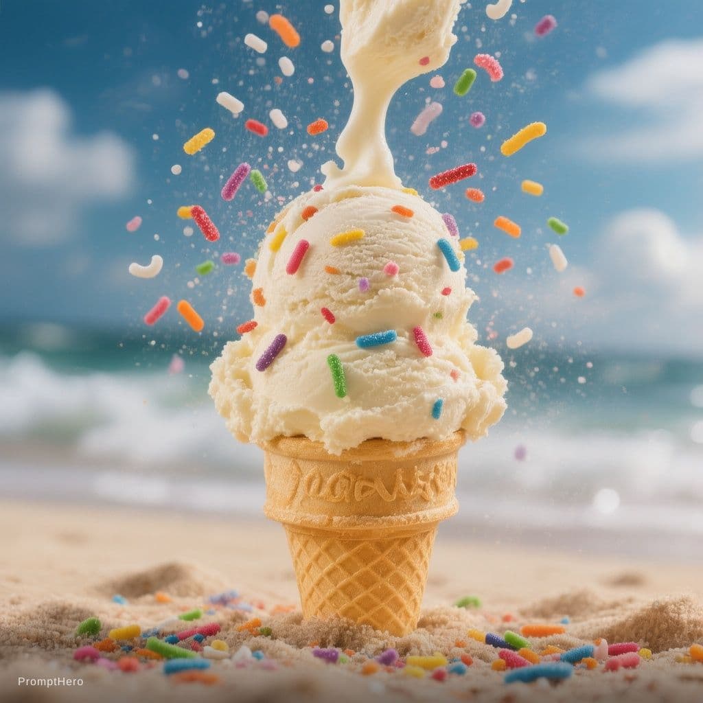 AI generated: 
51.	Ice cream product shot, scoop falling, sprinkles mid-air, dynamic food photography --ar 1:1
