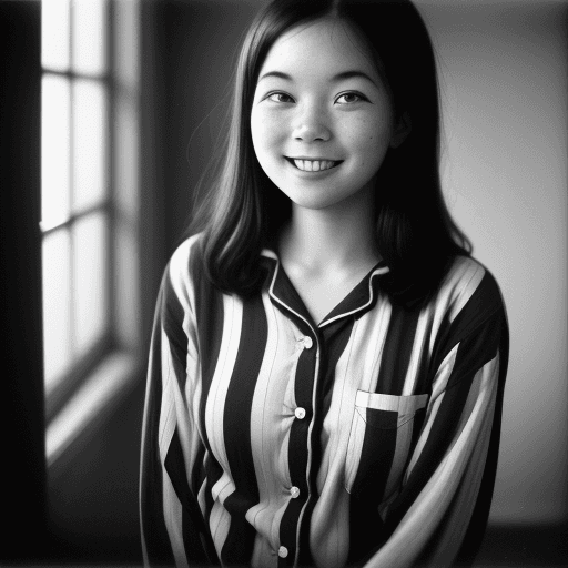 AI generated: Whole body photo of a cute woman wearing old-fashioned striped pajamas, smiling slightly, daytime, d...
