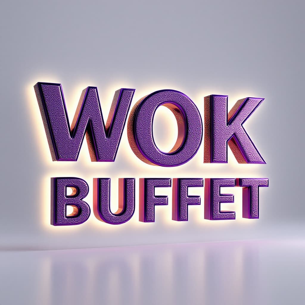 AI generated: Raised letters of "Los Mellizos Wok Buffet." The letters are metallic purple and are raised and in 3...
