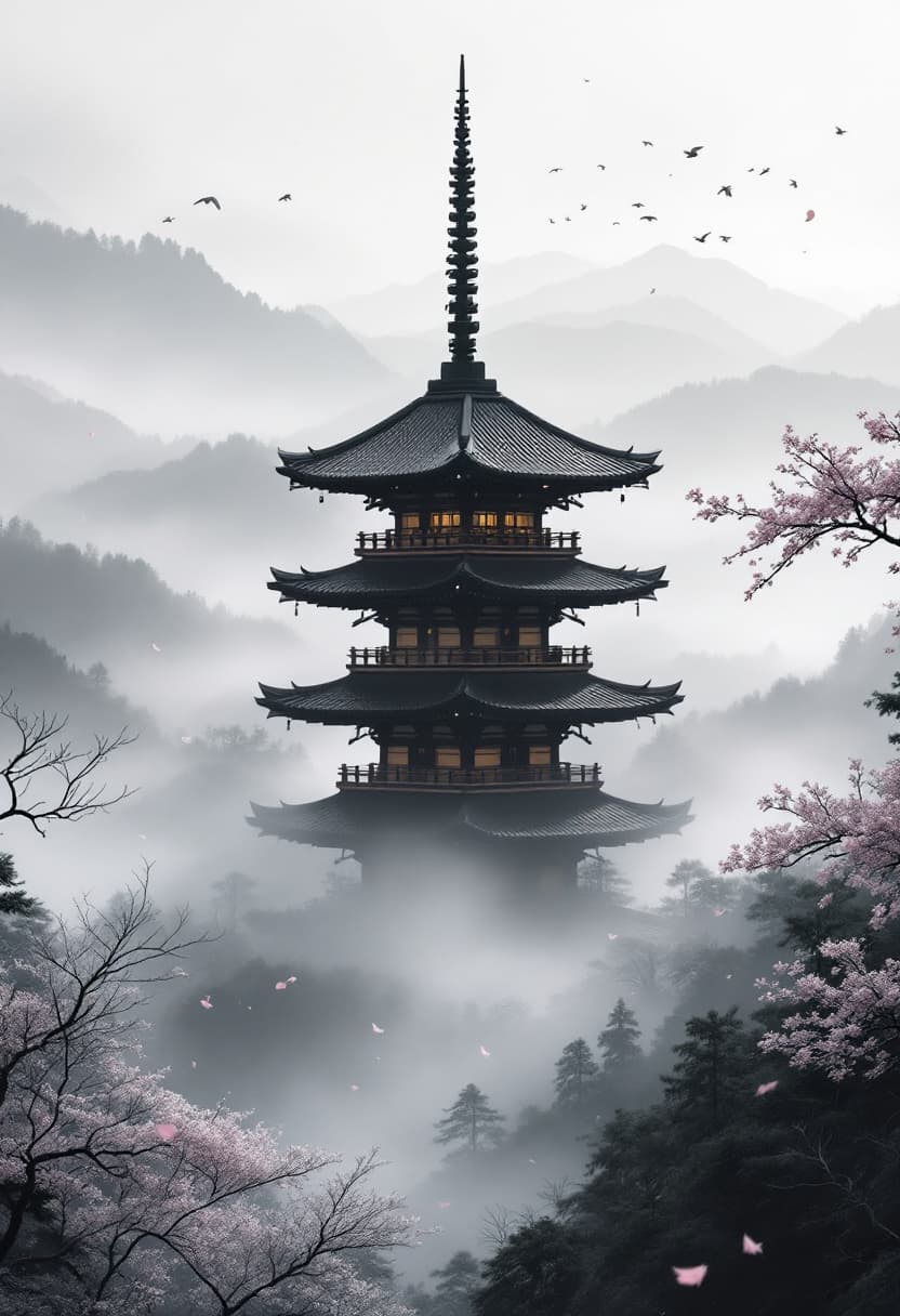 AI generated: Traditional Japanese pagoda standing tall in a foggy mountain valley, centered mid-range view. Dense...