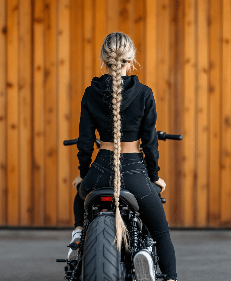 AI generated: A hyper-realistic image of a fit, very pale woman with a long, cascading blonde braid reaching down ...