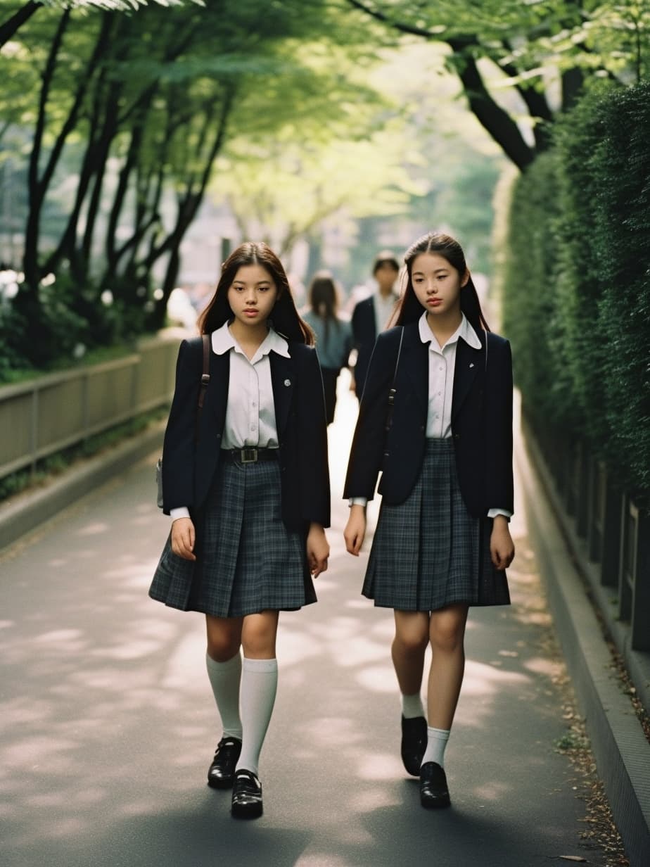 AI generated: a black and white photo of three women walking down a street, a picture, tumblr, shin hanga, japanes...