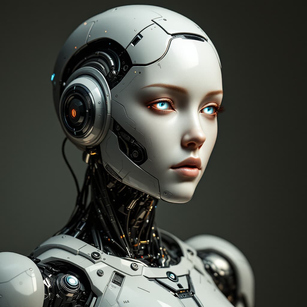 AI generated: Yakın çekim bir portre oluşturun; bu portrede, çok detaylı beyaz parlak seramikten bir robot formu s...