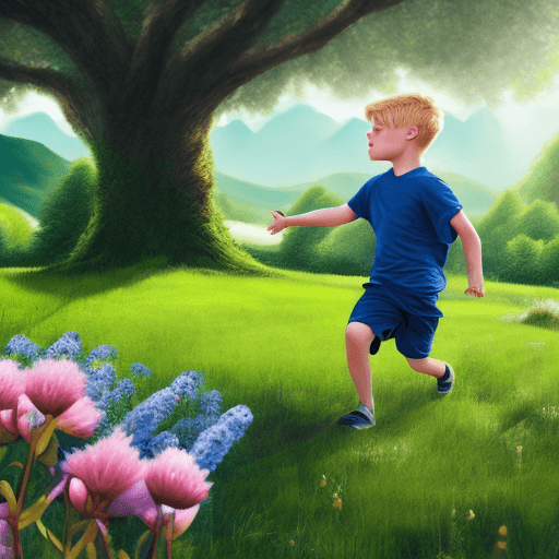 AI generated: Hyper realistic photo, 2 boys, blonde hair, blue eyes, playing, beautiful green land, flowers, trees...