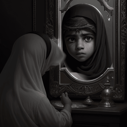AI generated: A Muslim Arab child, who looks at himself in a broken mirror, in the style of Christopher Nolan, in ...