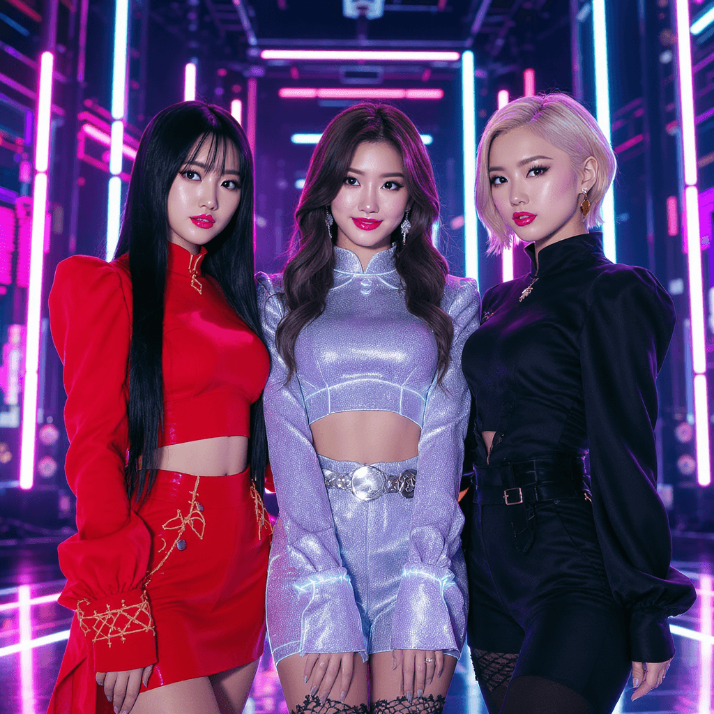 AI generated: A group photo of three stylish K-pop idols performing on a neon-lit stage.  
- Rina: long straight b...