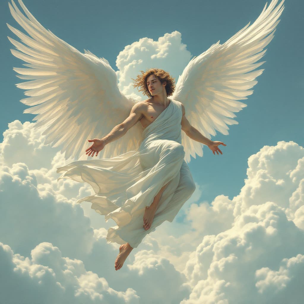 AI generated: angel carrying a man, Delicate  Angel wings in the clouds, deep blue sk --ar 3:4 --style raw --v 6.1...