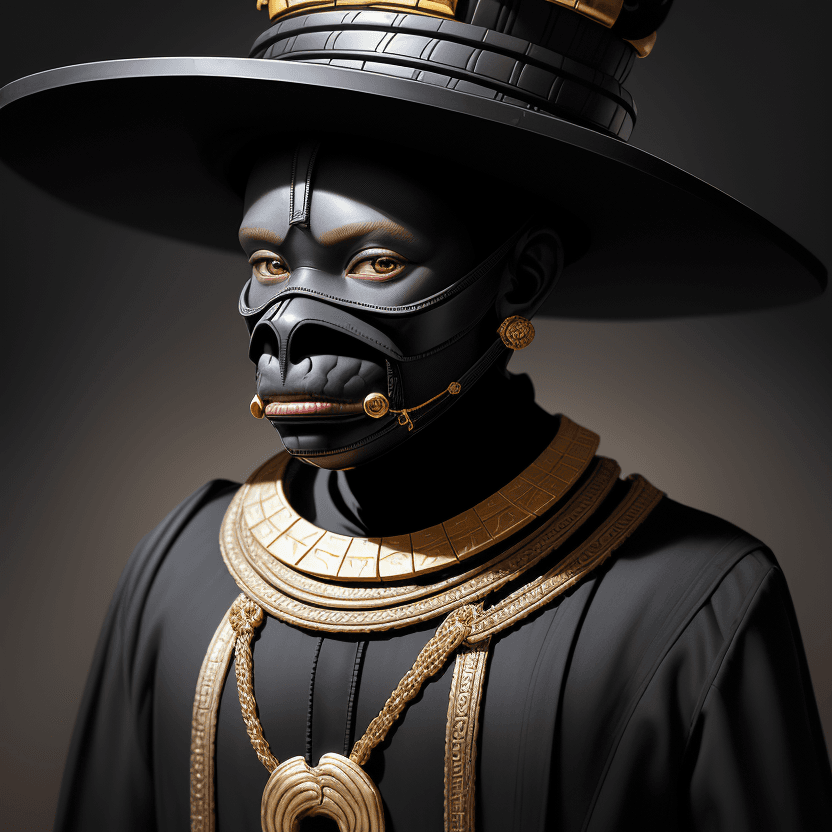 AI generated: 5 year old boy with a black ape wooden helmet mask and black suit, black hat with a donut in his han...