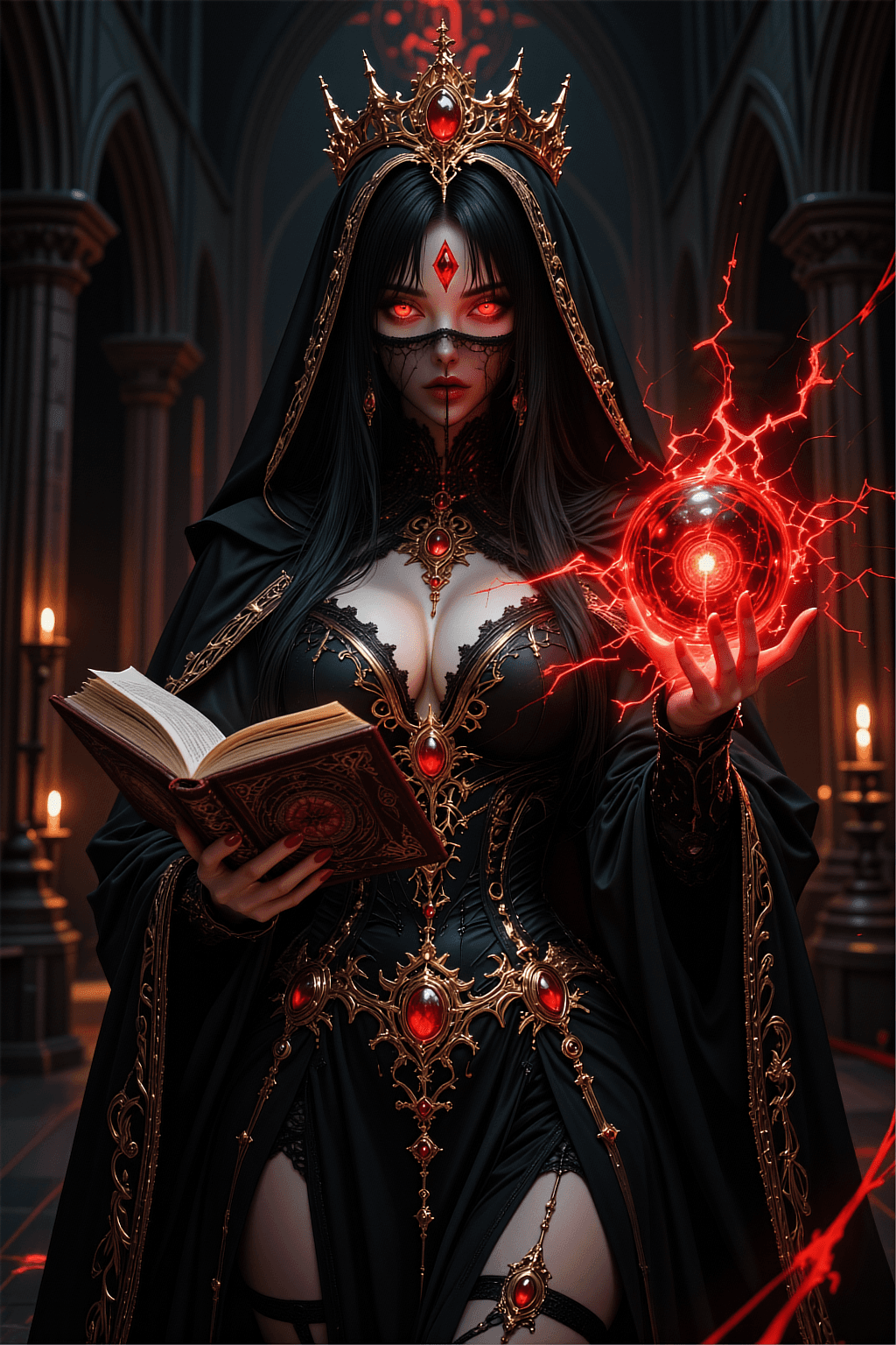 AI generated: A vertical dark fantasy anime masterpiece of a powerful sorceress with long straight black hair and ...