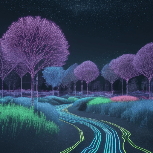 AI generated: a 3D and colorful digital landscape resembling a natural haven but instead of trees and rivers incor...