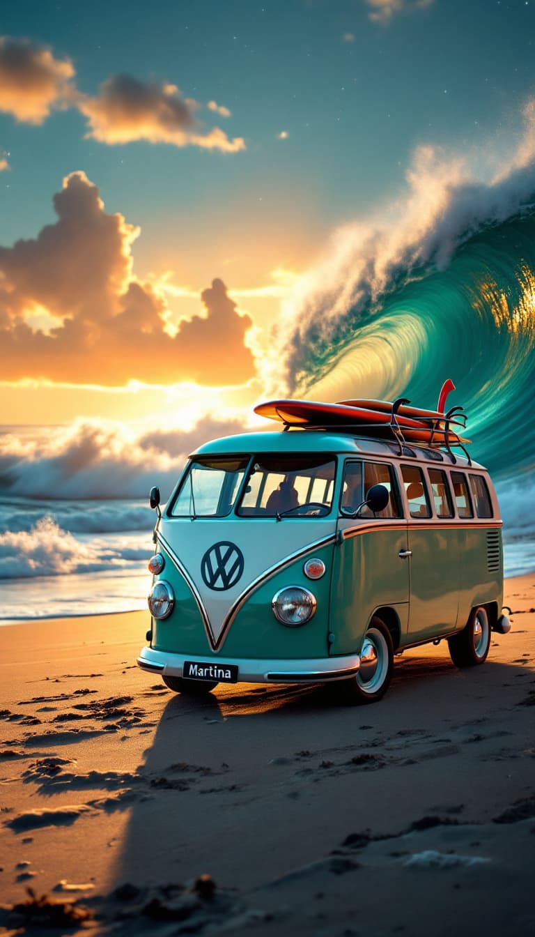 AI generated: A turquoise green  and white vw classic, Samba 23 window bus on a golden sunset beach with ethereal ...