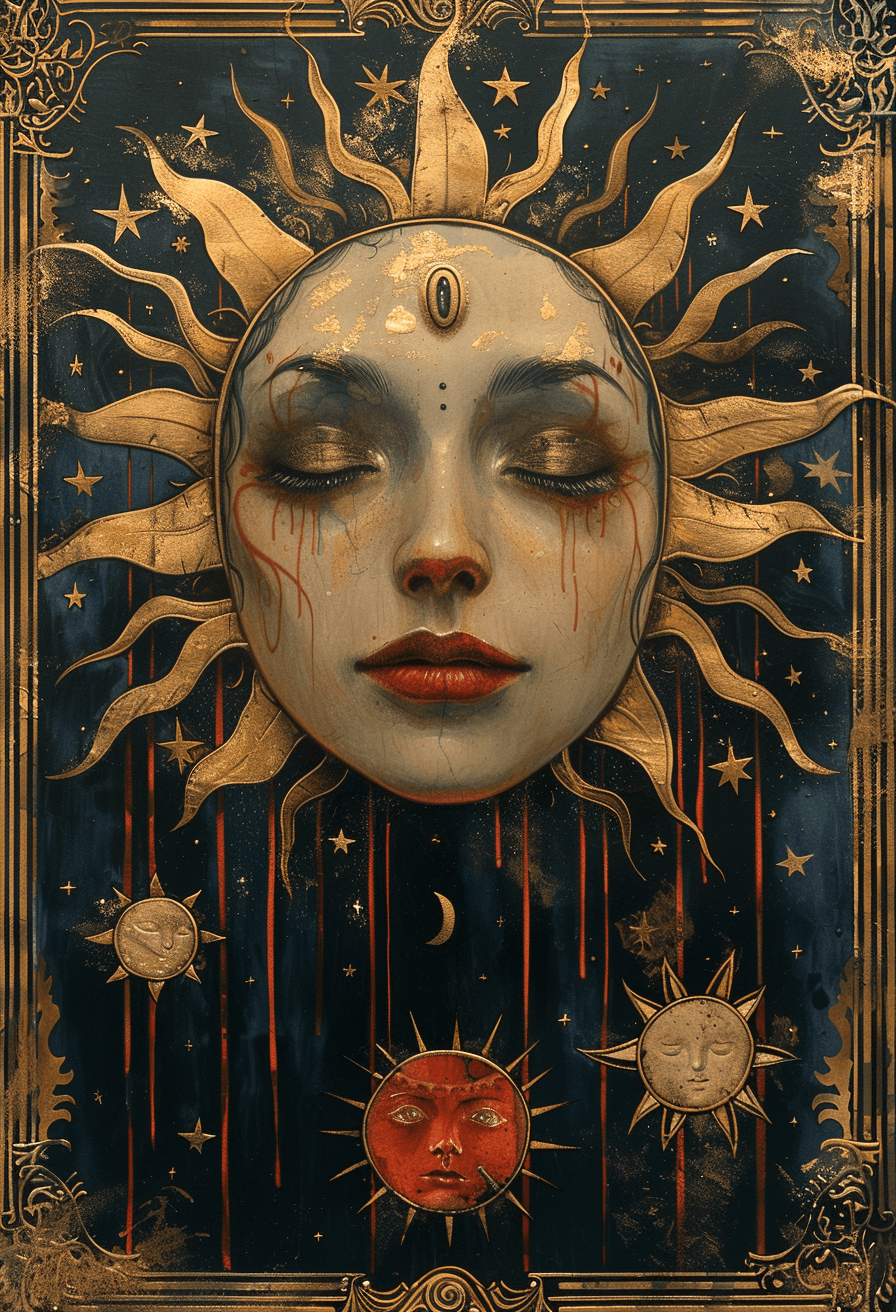 AI generated: sun rising in the sky with eyes, in the style of intricate art nouveau, dark red and light gold, ang...