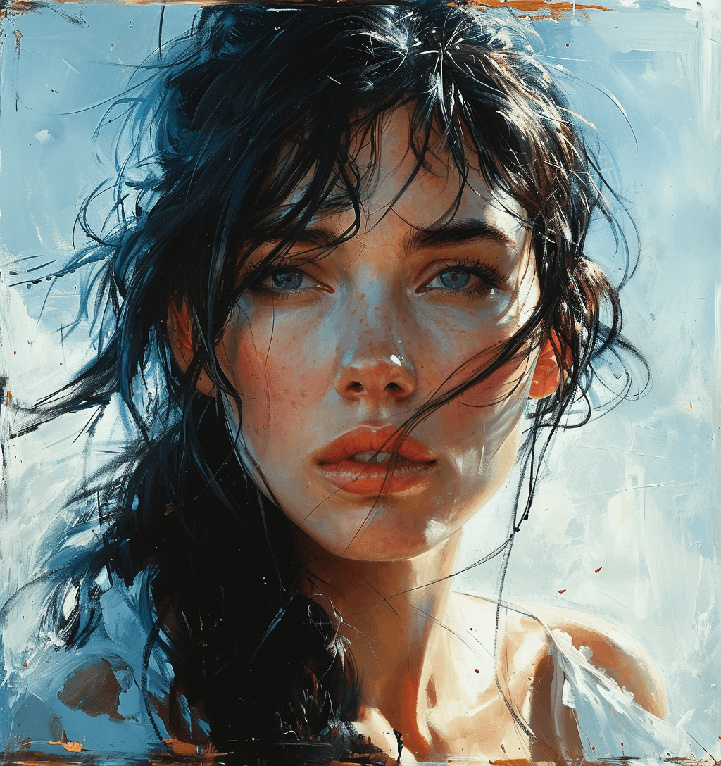 AI generated: an oil painting of a woman with long black hair, in the style of mike deodato, contemporary middle e...