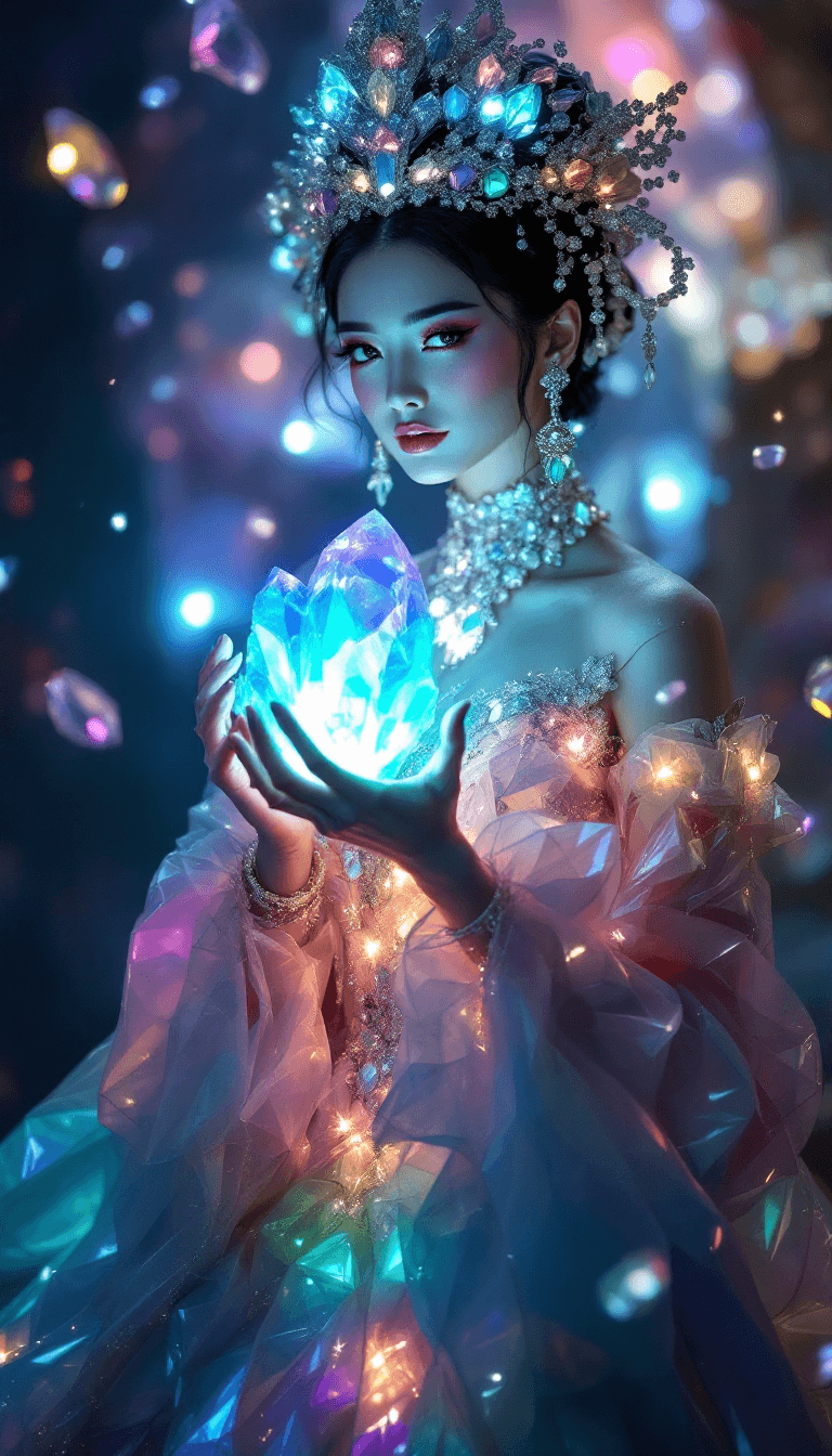 AI generated: photo of a glamorous Japanese queen wearing a haute couture crystal gown, sparkling eyes, she’s hold...