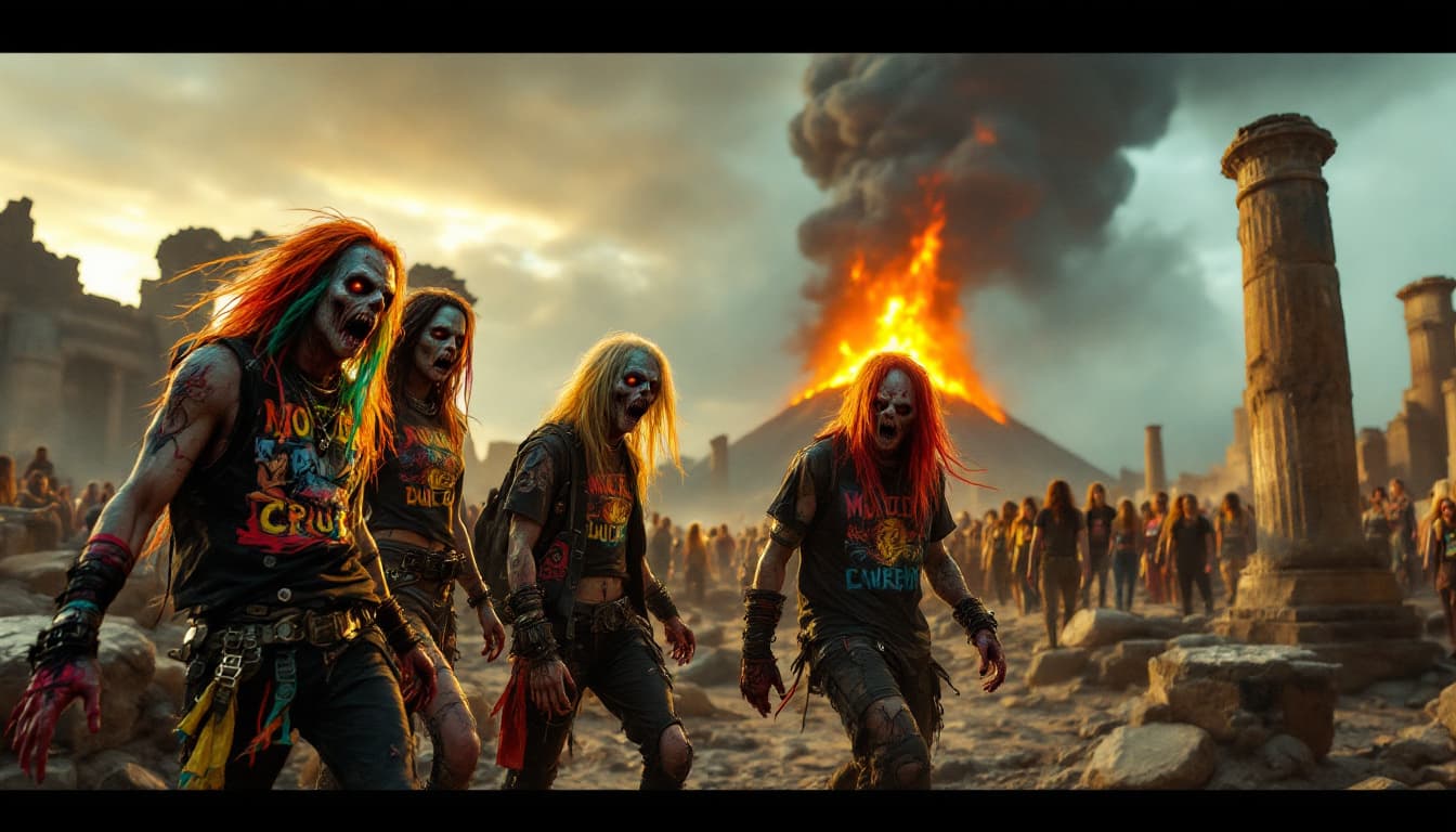 AI generated: 64K, UHD Photorealistic Horror Photo of the heavy metal band Motley Crue as zombies wearing rainbow ...