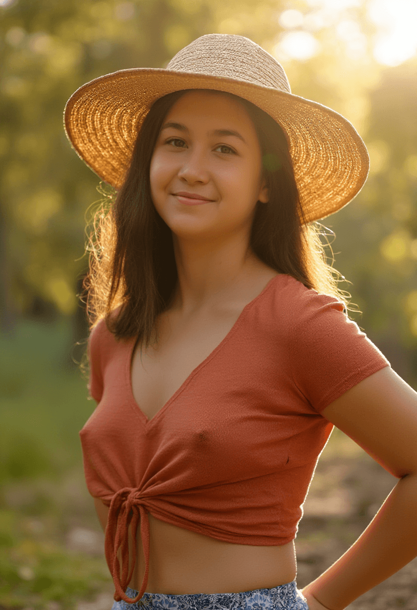 AI generated: A photorealistic portrait of an adult woman standing in a softly lit outdoor setting, captured with ...