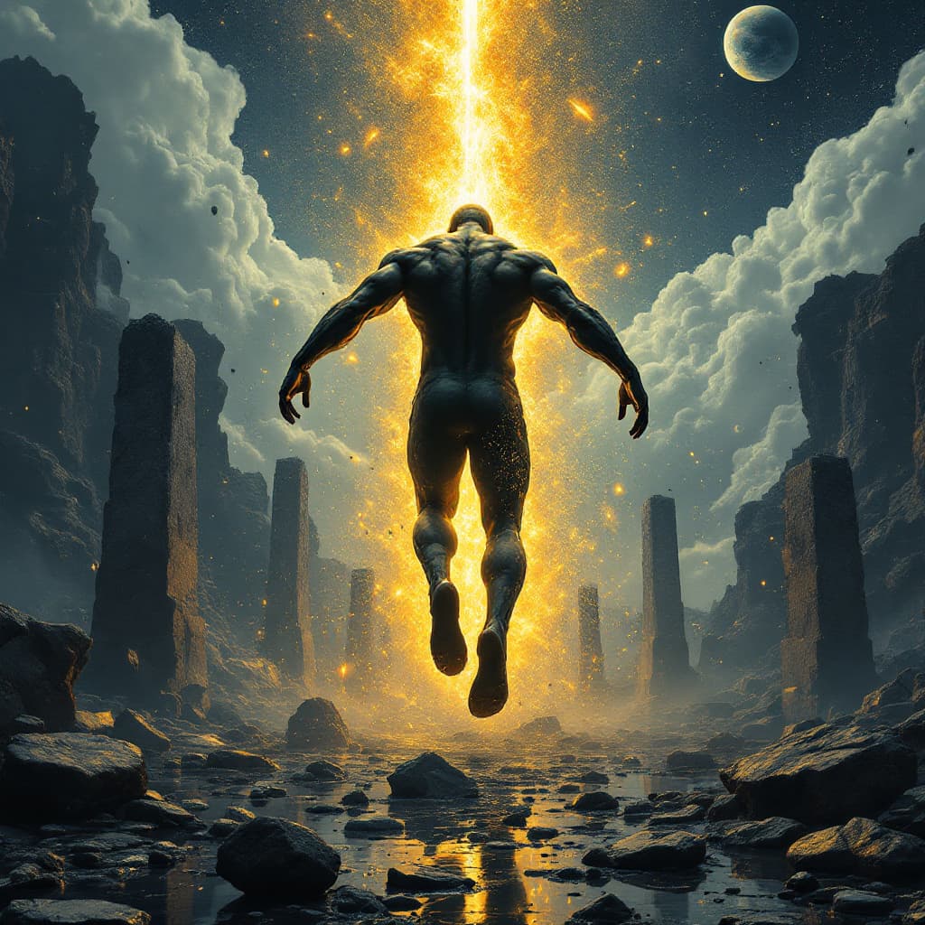 AI generated: Darkwave, synthwave,  epic music album cover. It portrays a close up of a floating very muscular per...