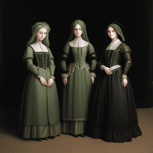 AI generated: three women in renaissance costume stand in a dark background, in the style of contemporary realist ...