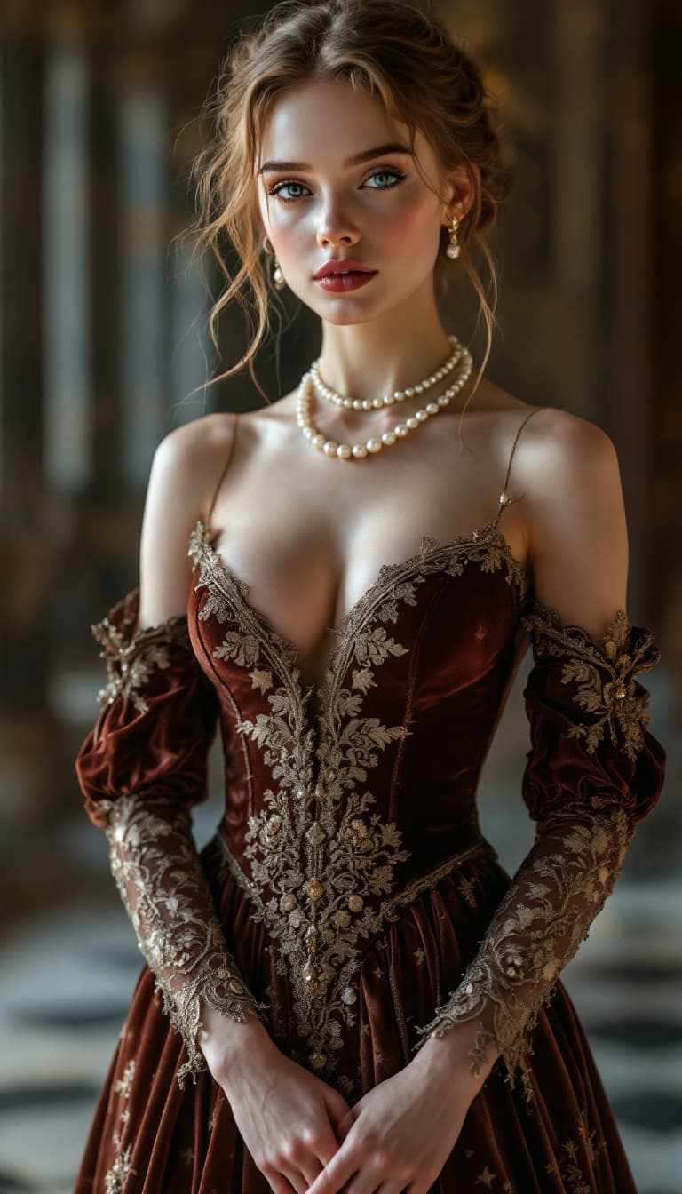 AI generated: A photo of a 18-year-old Renaissance noblewoman looking like Elle Fanning, super exposing a velvet g...