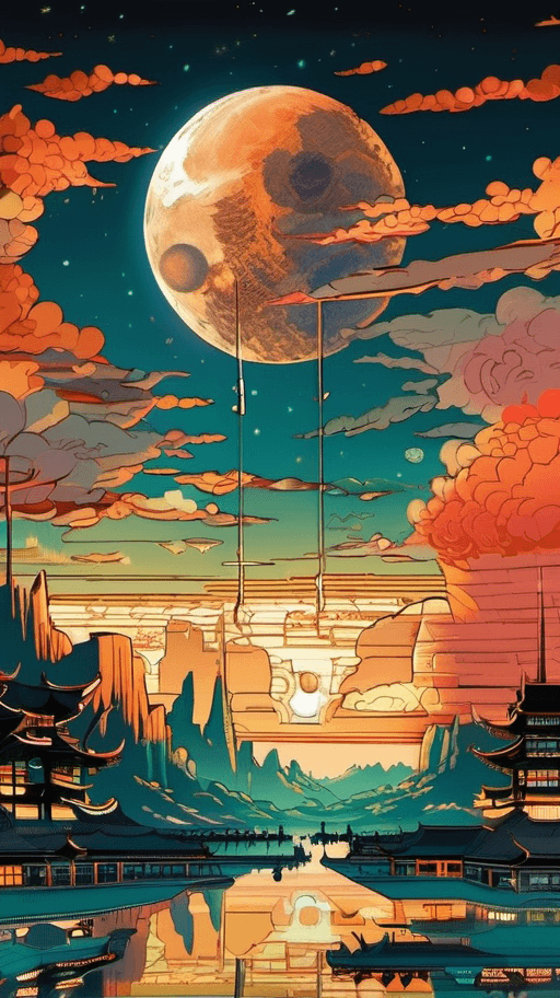 AI generated: anime artwork copper super moon floating on cosmic cloudscape at sunset, futurism, dan mumford, vict...