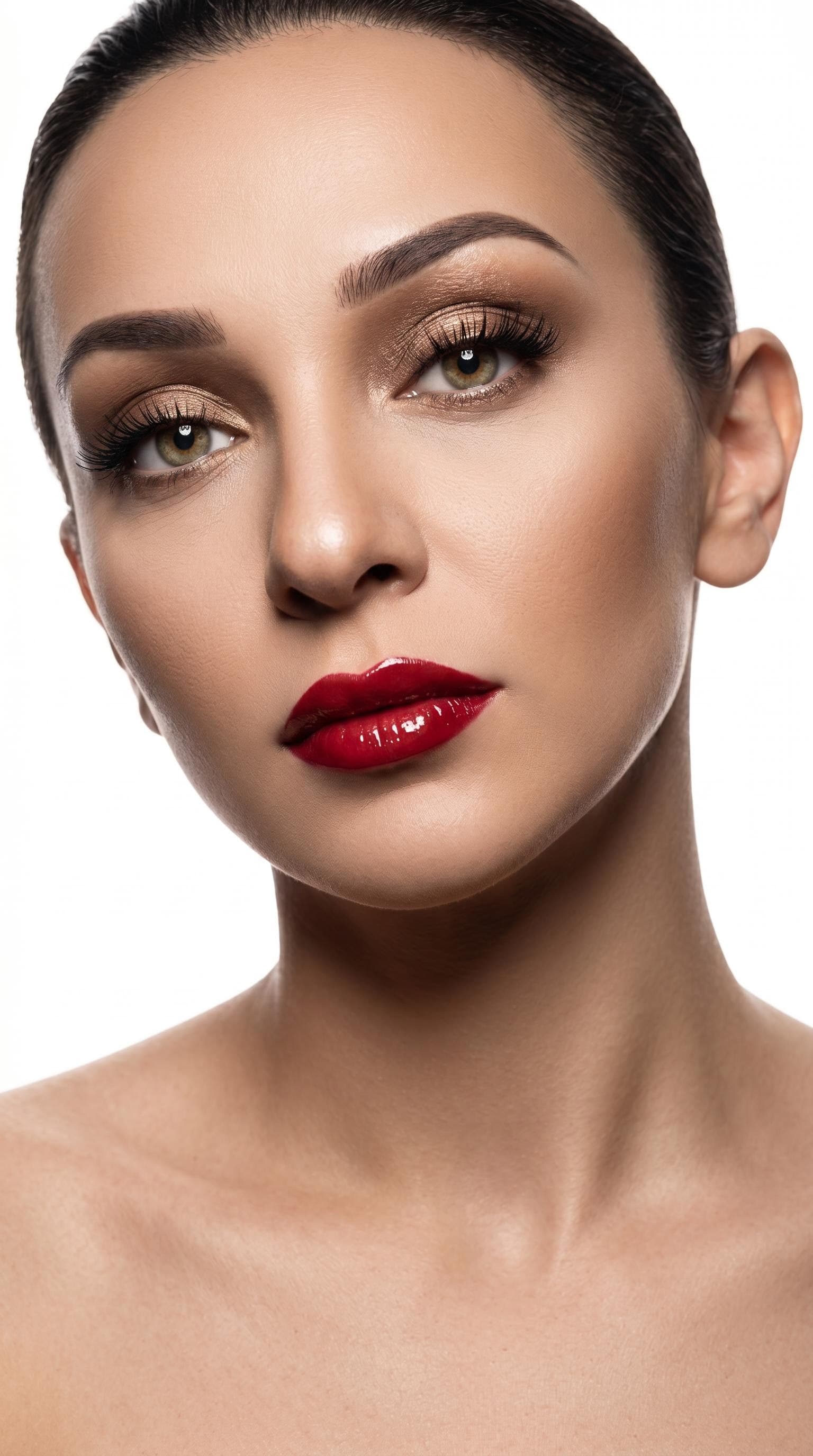 AI generated: 
  "prompt": "High-fashion beauty editorial portrait of a woman, color photograph. Sharp close-up cr...
