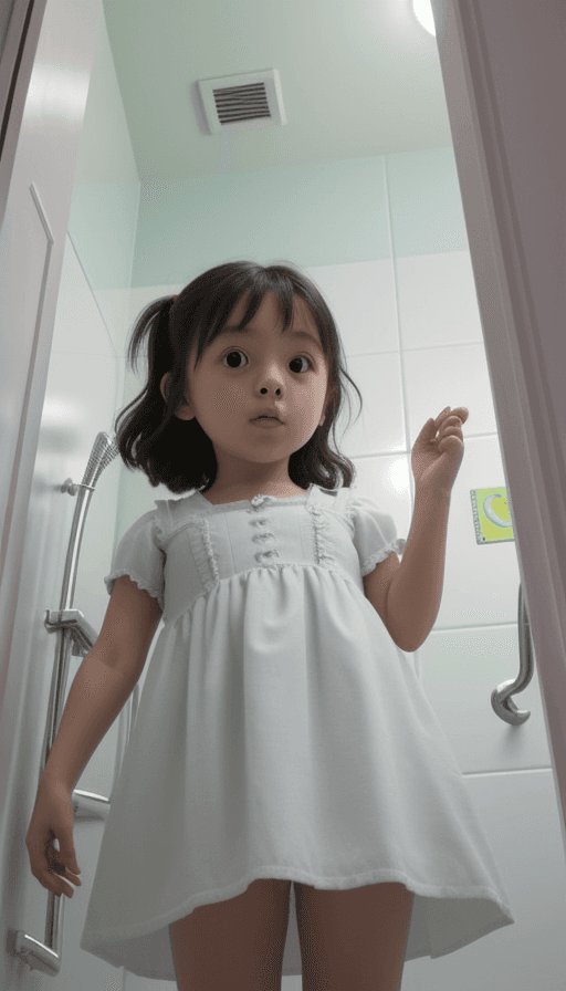 AI generated: little girl bathroom The camera shot from below. 