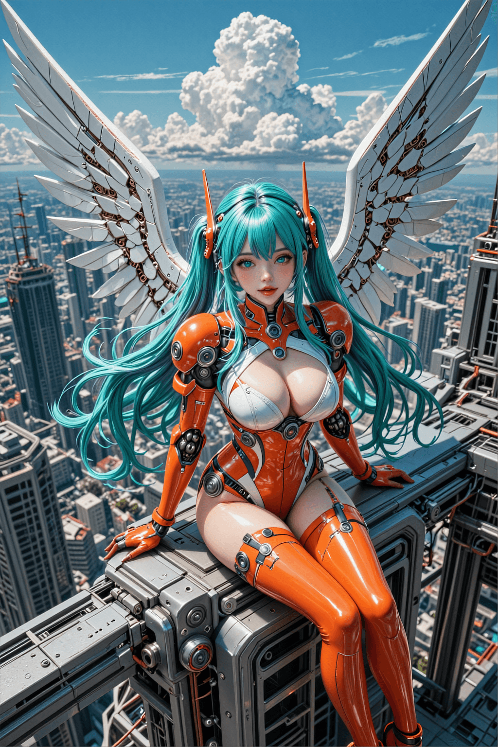 AI generated: A vertical anime masterpiece of a beautiful mecha-girl with long flowing teal hair and matching teal...