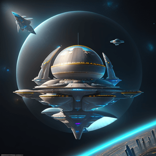 AI generated: A futuristic spaceport city floating in the sky, with spaceships docked at massive domes and buildin...