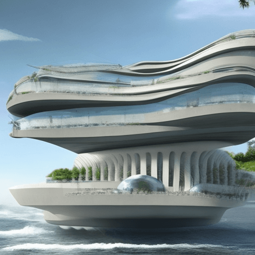 AI generated: architecture, water co-habitation, design, futuristic, rising sea levels, conceptual, level changes,...