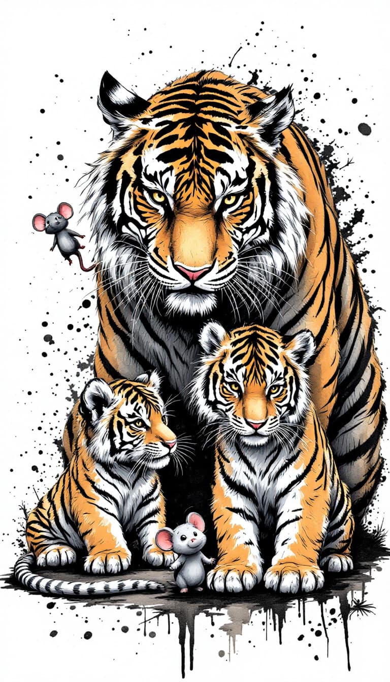 AI generated: a tiger and two tiger cubs, and a oversized mouse,ferocious, detailed,full-body shots,ink style,Ink ...