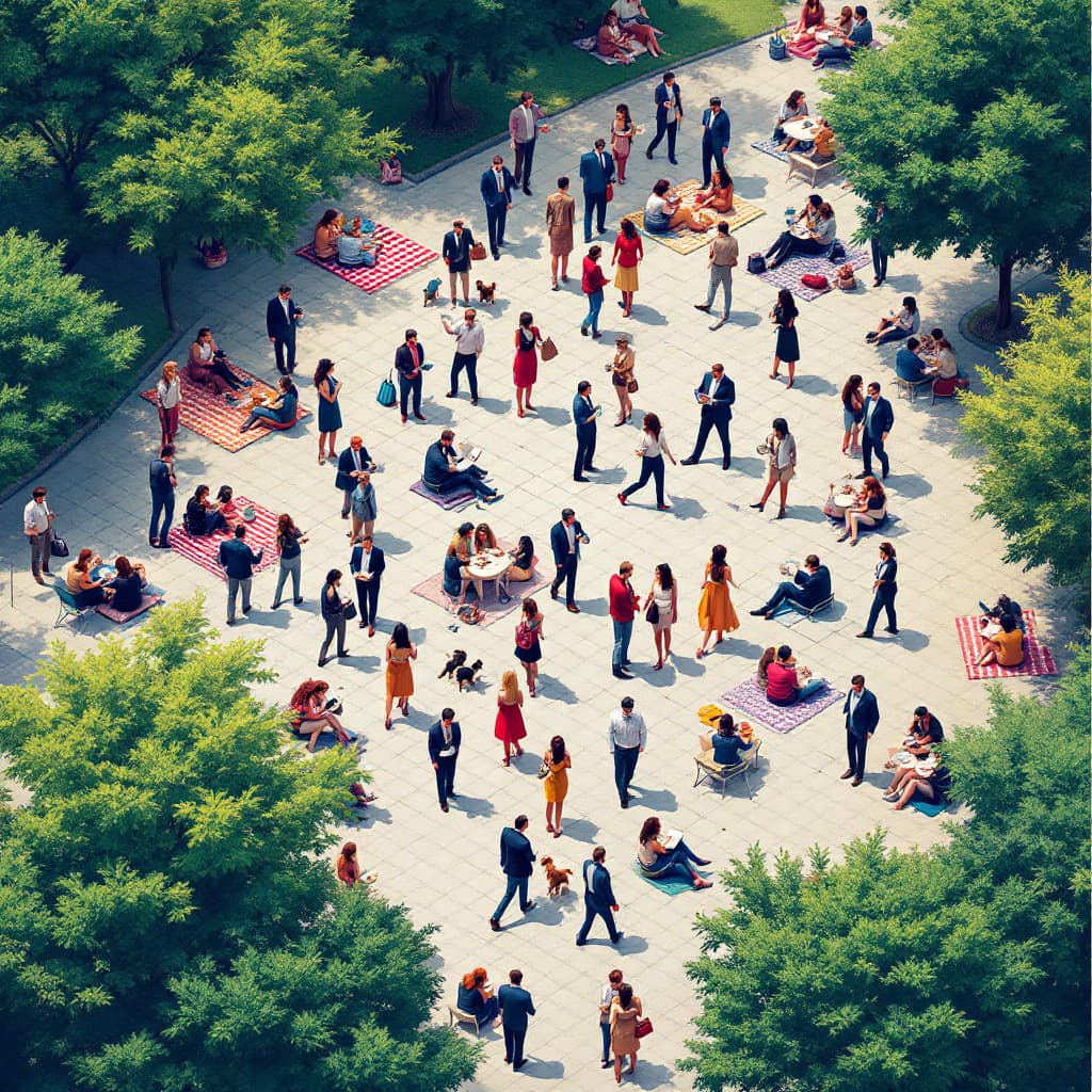 AI generated: image of a bustling urban park scene viewed from above, diverse groups of people engaged in various ...