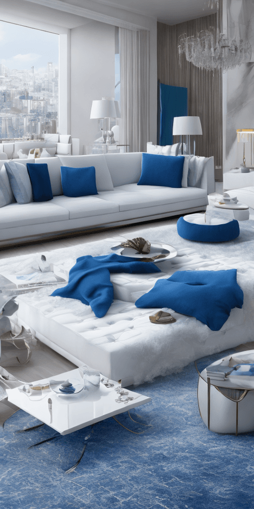 AI generated: Photorealistic, 4k, high resolution, high detail, luxury, living room with a blue couch and a white ...