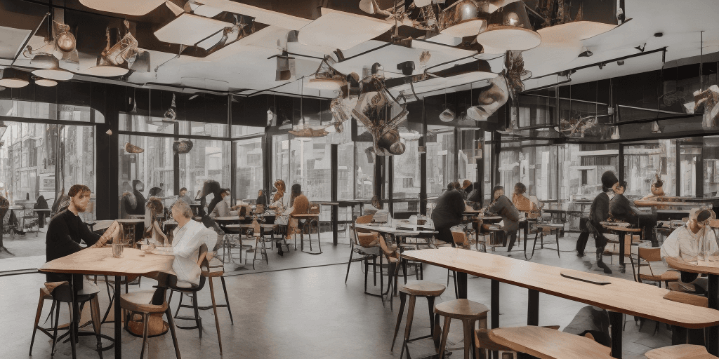 AI generated: Imagine a modern café with a view of a bustling street, showcasing detailed furniture inside the caf...