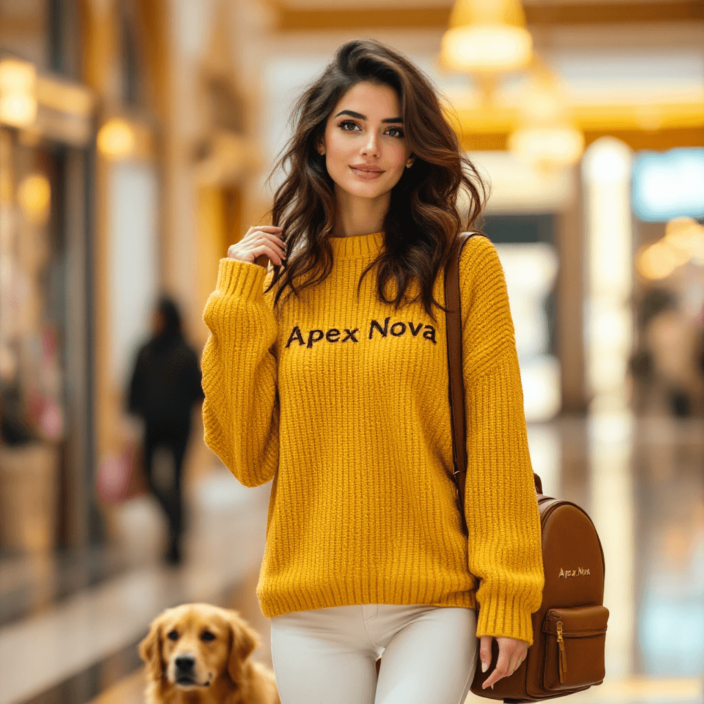 AI generated: A woman with wavy dark brown hair, wearing an oversized yellow knitted sweater that leaves her shoul...